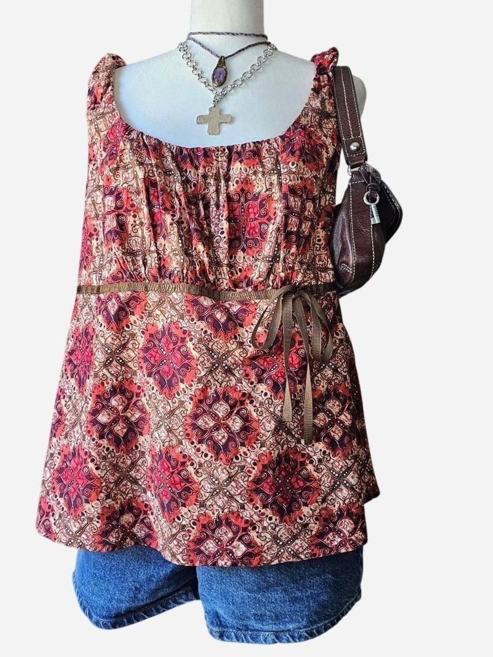 Y2k Boho Brown Red Milkmaid Peasant Top - 22W
